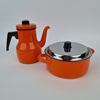 Kockums emalj, kaffekanna (perkolator-prototyp) och kastrull